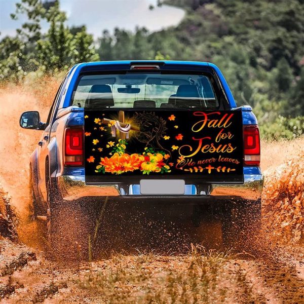Jesus Tailgate Wrap, Cross Pumpkin Autumn Fall For Jesus He Never Leaves Truck Tailgate Decal Jesus Christian Religious Tailgate Wrap