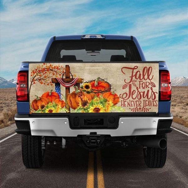 Jesus Tailgate Wrap, Fall For Jesus He Never Leaves Truck Tailgate Decal Autumn Pumpkin Thanksgiving Day Tailgate Wrap