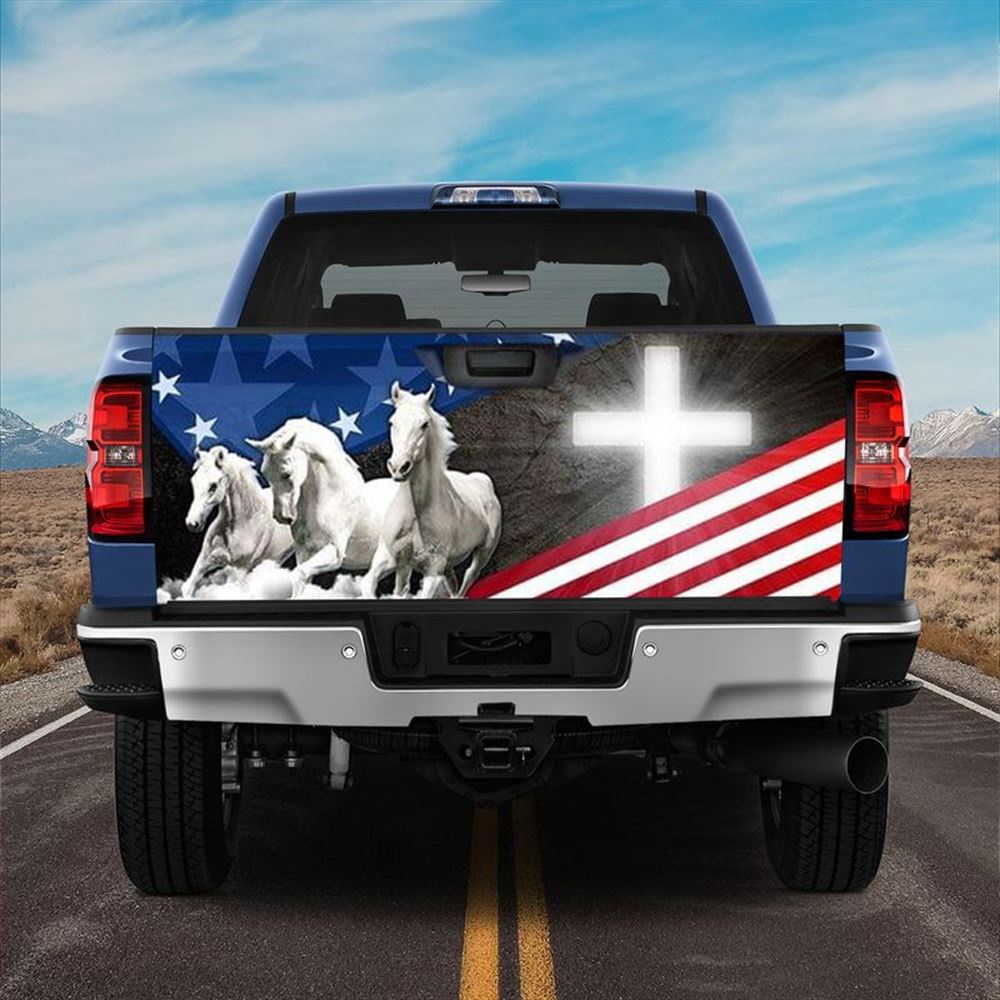 Jesus Tailgate Wrap, Horses Cross Truck Tailgate Decal White Horse Christian Gift Idea Tailgate Wrap