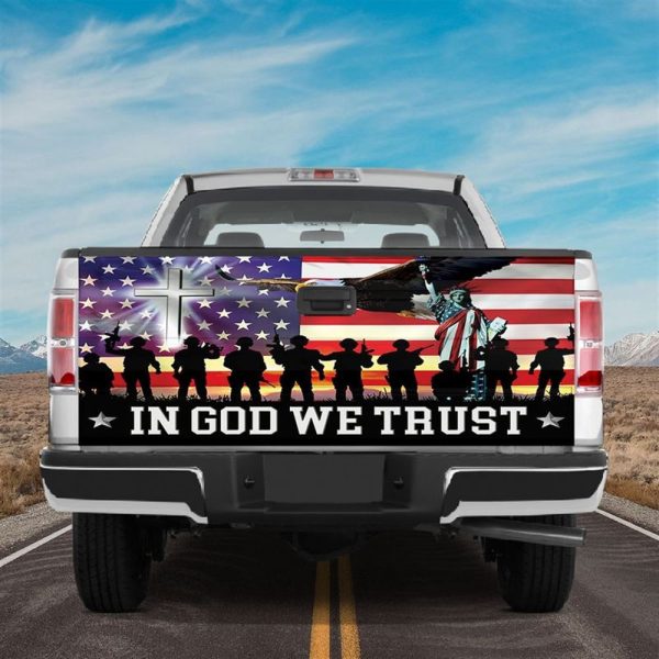 Jesus Tailgate Wrap, In God We Trust American Army Veteran Tailgate Wrap Decal Truck Decoration Tailgate Wrap