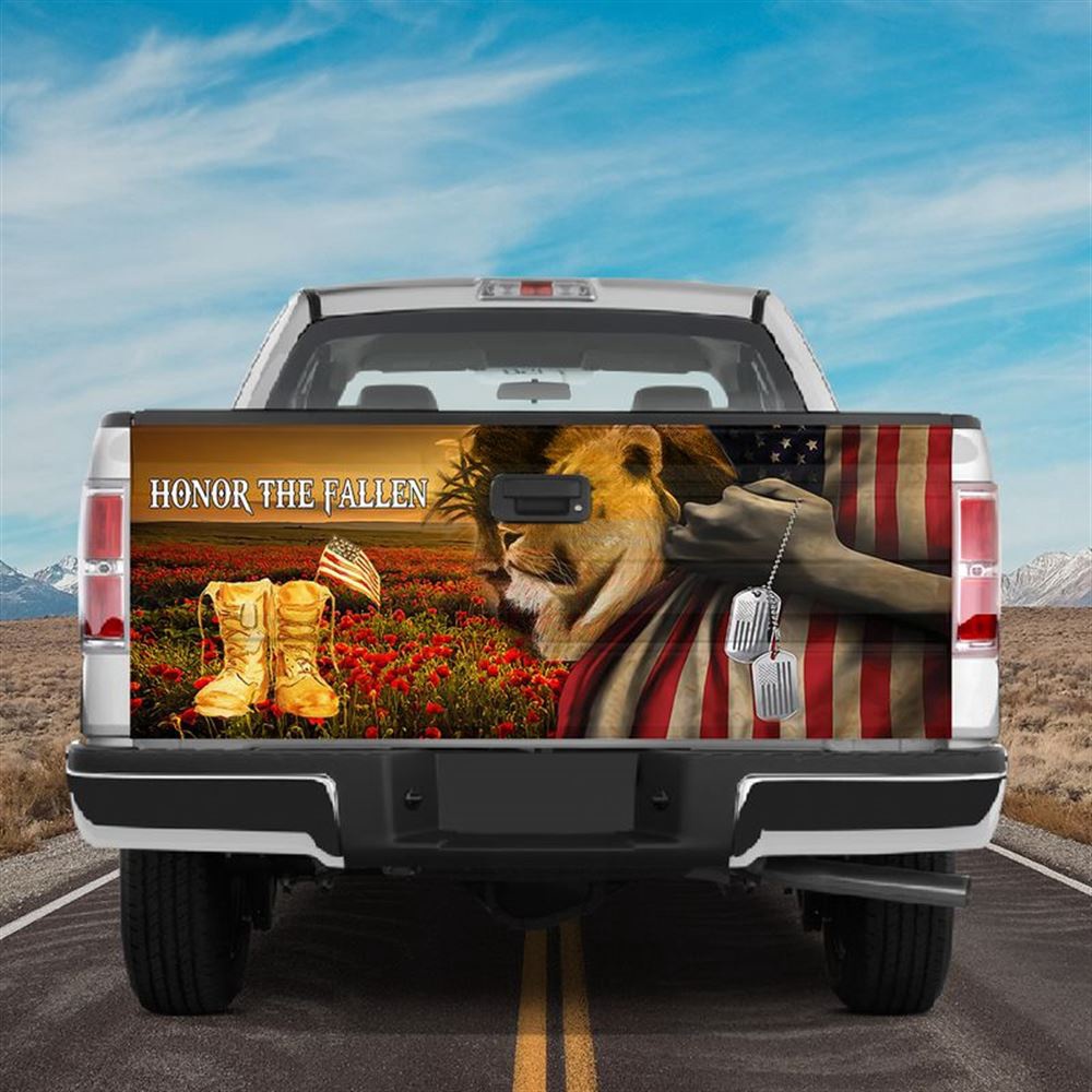 Jesus Tailgate Wrap, Jesus Bless American Veterann Poppy Flower Lion Honor The Fallen 4th Of July Gift Tailgate Wrap Jesus Tailgate Wrap, Jesus Bless American Veterann Poppy Flower Lion Honor The Fallen 4th Of July Gift Tailgate Wrap