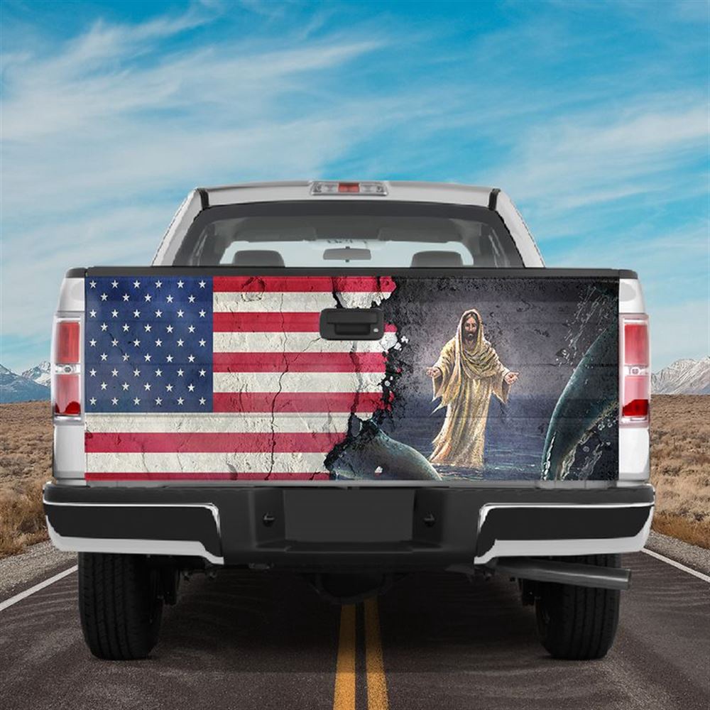 Jesus Tailgate Wrap, Jesus Christ American Flag Patriot Tailgate Wrap Vinyl Graphic Decal Sticker Christian Gift Tailgate Wrap