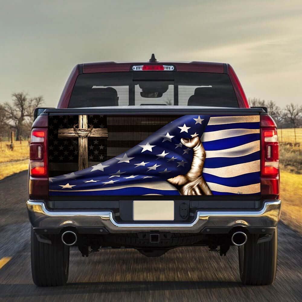 Jesus Tailgate Wrap, Jesus Christian Cross. The Thin Blue Line Truck Tailgate Decal Sticker Wrap, Christian Car Decor