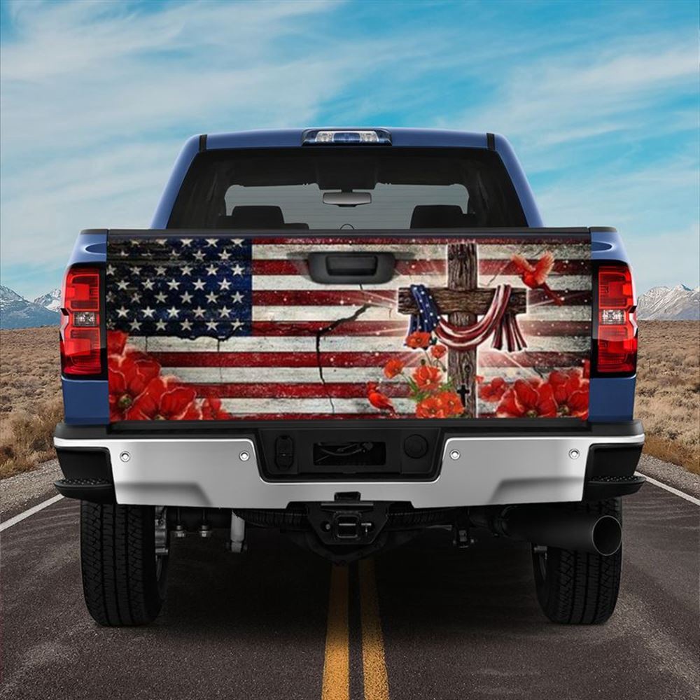 Jesus Tailgate Wrap, Jesus In America Truck Tailgate Decal Poppy Flower Jesus Cross Memorial Day Tailgate Wrap