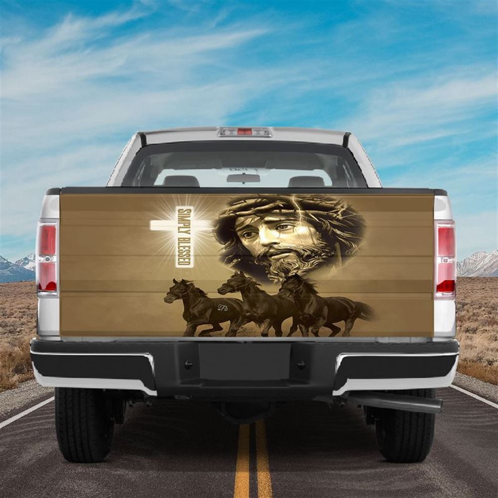 Jesus Tailgate Wrap, Simply Blessed Tailgate Wrap Jesus God Face Tailgate Wrap Horses Running Tailgate Cover Car Decoration Tailgate Wrap