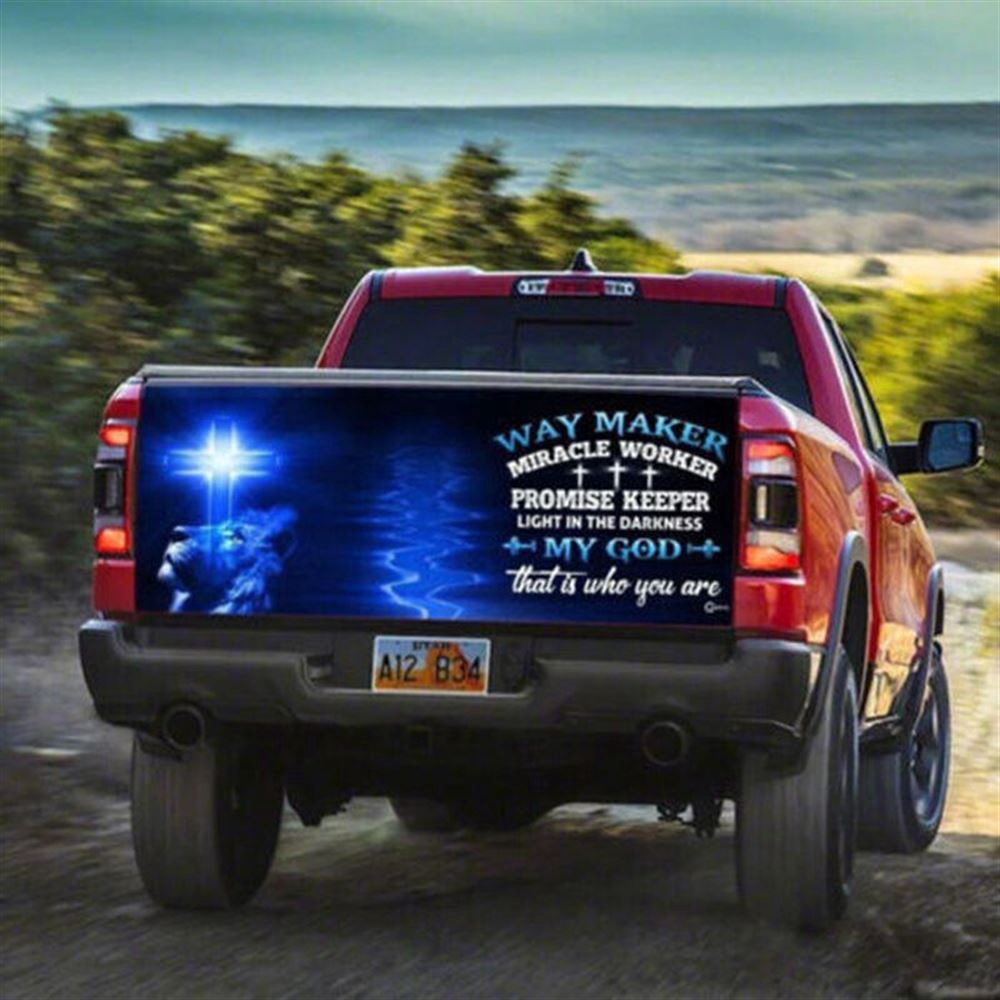 Jesus Tailgate Wrap, Way Maker My God Jesus Lion Christians Cross Truck Tailgate Decal Sticker Wrap Christmas Gift Idea Tailgate Wrap