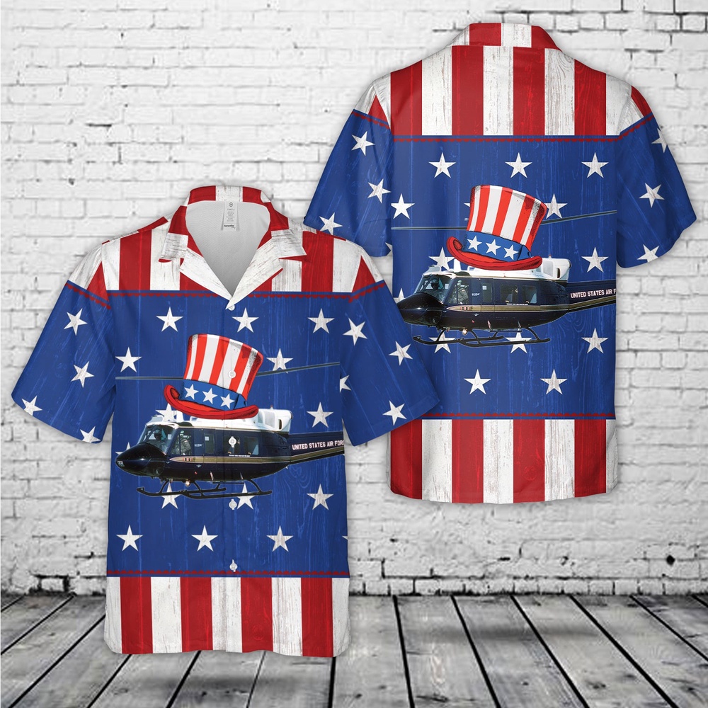 Air Force Aloha Shirt, US Air Force Bell UH-1N Twin Huey 1st Helicopter Squadron, 4th Of July Hawaiian Shirt