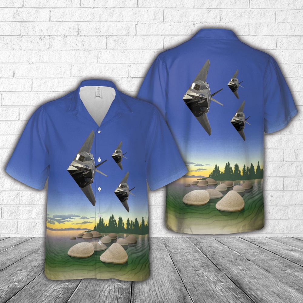 Air Force Aloha Shirt, US Air Force F-117A Nighthawk Stealth Fighter aircraft flies over Nevada Hawaiian Shirt