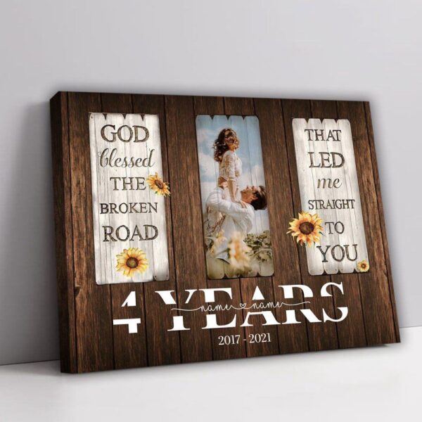 Canvas Prints Valentine’s Day, Personalized 4th Anniversary Couple God Blessed The Broken Road Canvas, Couple Lovers Wall Art