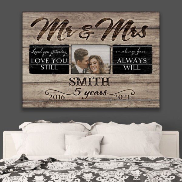 Canvas Prints Valentine’s Day, Personalized 5 Years Anniversary Mr & Mrs Custom Photo Canvas, Couple Lovers Wall Art