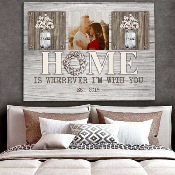 Canvas Prints Valentine’s Day, Personalized Anniversary Couple Home Is Wherever I’m With You Canvas, Couple Lovers Wall Art
