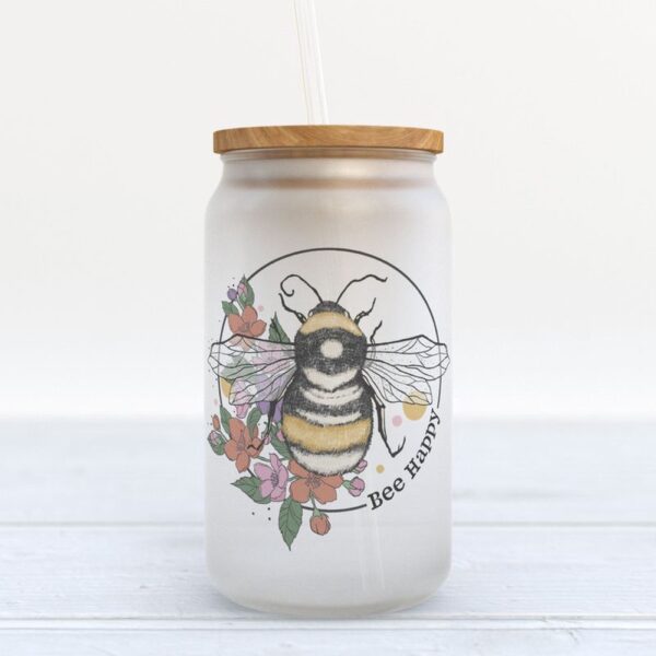 Frosted Glass Can, Bee Happy Frosted Bottle Be A Happy Human Glass Bottle Hand Bee And Flowers Frosted Tumbler Friend