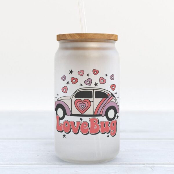 Frosted Glass Can, Happy Valentines Day Frosted Bottle Love Bug Refreshing Tumbler Couple Glass Bottle Anniversary Wedding