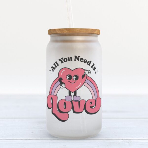 Frosted Glass Can, Valentine Gift, All You Need is Love Valentine’s Day Frosted Glass Can Tumbler