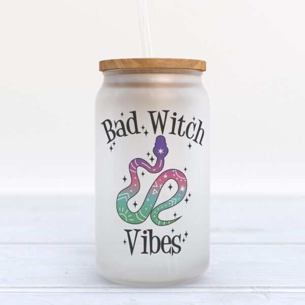Frosted Glass Can, Valentine Gift, Bad Witch Vibes Halloween Frosted Glass Can Tumbler
