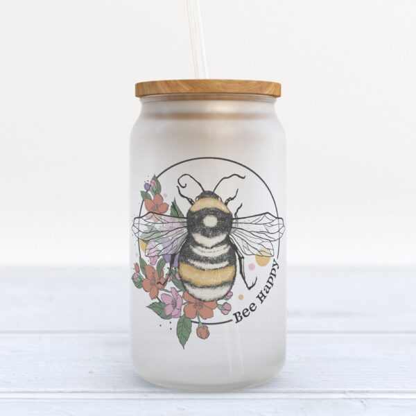 Frosted Glass Can, Valentine Gift, Bee Happy Frosted Glass Can Tumbler