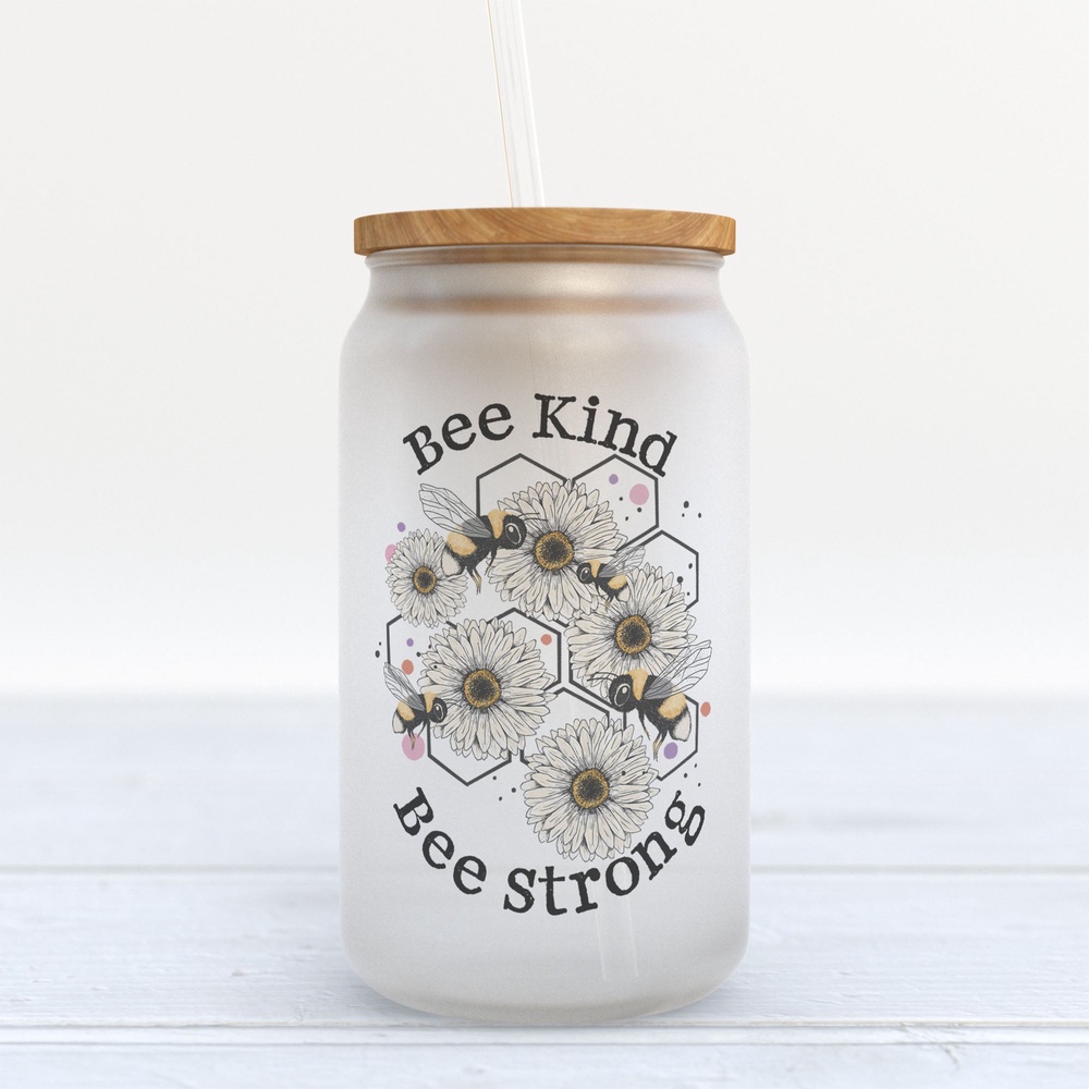 Frosted Glass Can, Valentine Gift, Bee Kind Bee Strong Frosted Glass Can Tumbler