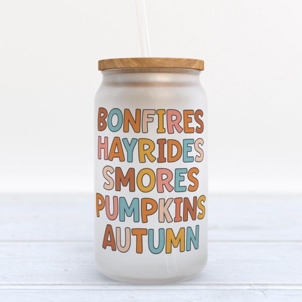 Frosted Glass Can, Valentine Gift, Bonfires Hayrides Smores Pumpkin Autumn Fall Frosted Glass Can Tumbler