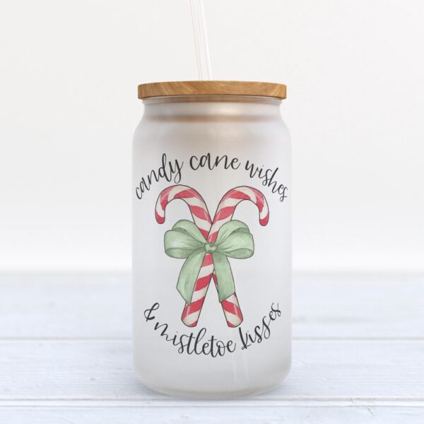 Frosted Glass Can, Valentine Gift, Candy Cane Wishes and Mistletoe Kisses Christmas Frosted Glass Can Tumbler
