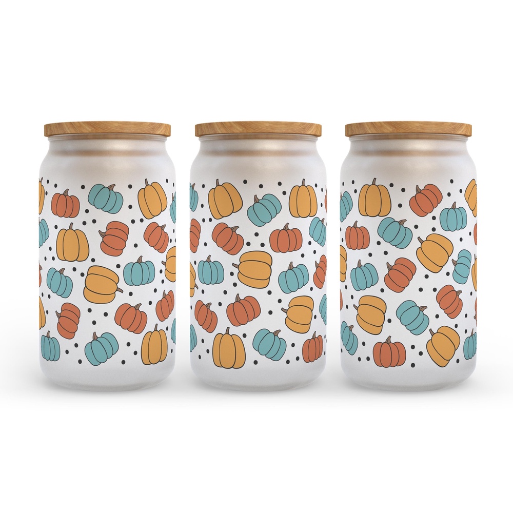 Frosted Glass Can, Valentine Gift, Colorful Pumpkins Fall Frosted Glass Can Tumbler