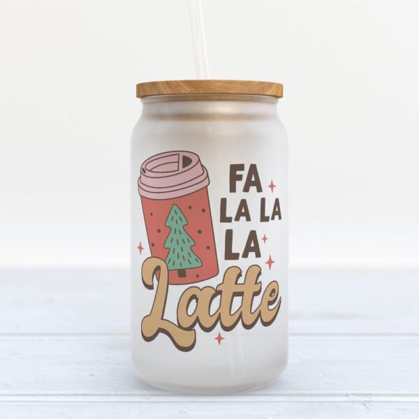 Frosted Glass Can, Valentine Gift, Fa La La La Latte Christmas Frosted Glass Can Tumbler