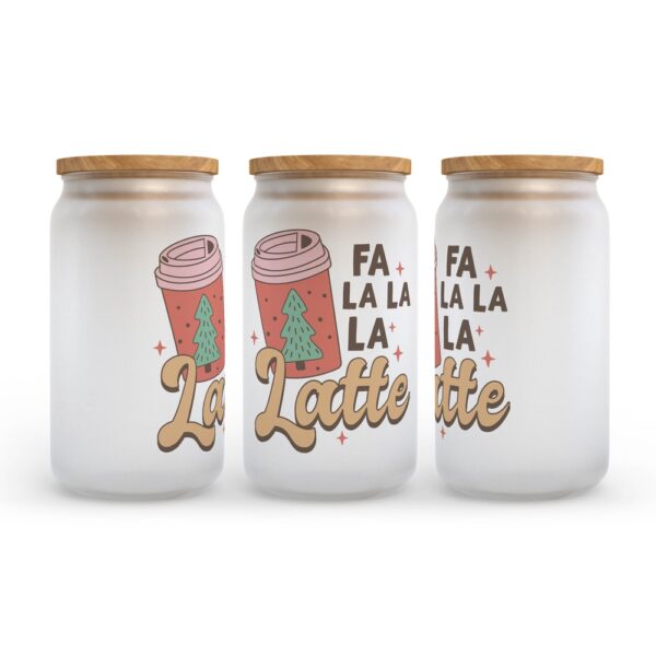 Frosted Glass Can, Valentine Gift, Fa La La La Latte Christmas Frosted Glass Can Tumbler