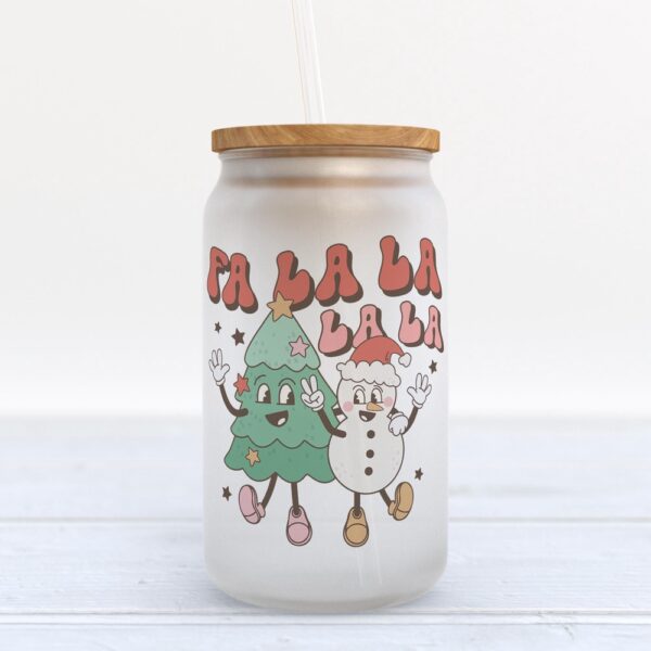 Frosted Glass Can, Valentine Gift, Fa La La La Retro Christmas Frosted Glass Can Tumbler