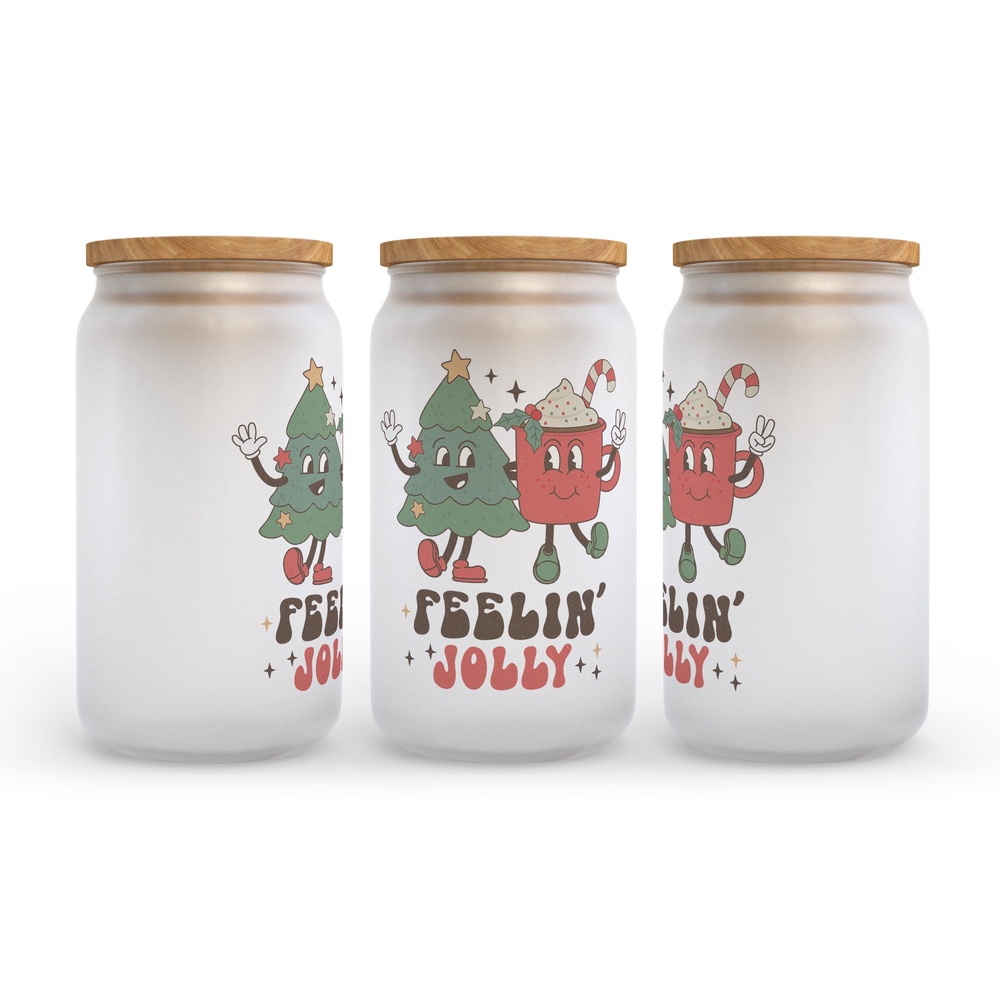 Frosted Glass Can, Valentine Gift, Feeling Jolly Retro Christmas Frosted Glass Can Tumbler