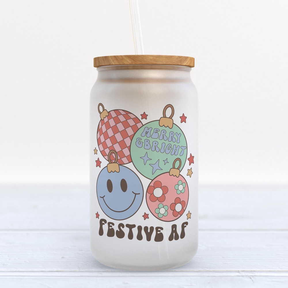Frosted Glass Can, Valentine Gift, Festive AF Retro Christmas Ornaments Frosted Glass Can Tumbler