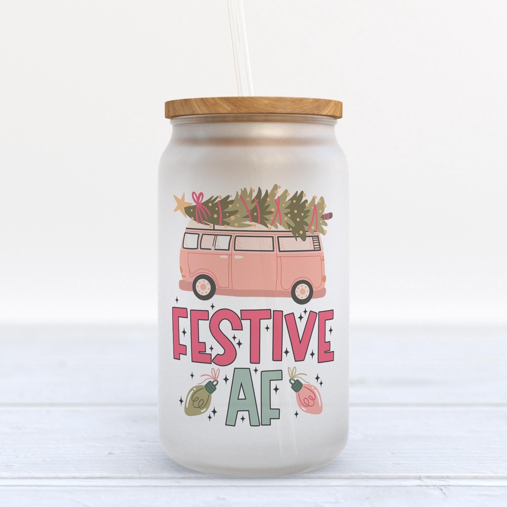 Frosted Glass Can, Valentine Gift, Festive AF Retro Van Christmas Frosted Glass Can Tumbler Frosted Glass Can, Valentine Gift, Festive AF Retro Van Christmas Frosted Glass Can Tumbler