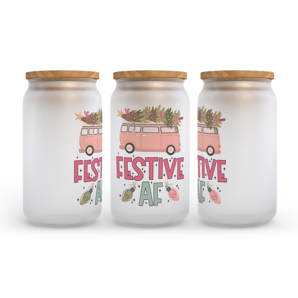 Frosted Glass Can, Valentine Gift, Festive AF Retro Van Christmas Frosted Glass Can Tumbler Frosted Glass Can, Valentine Gift, Festive AF Retro Van Christmas Frosted Glass Can Tumbler