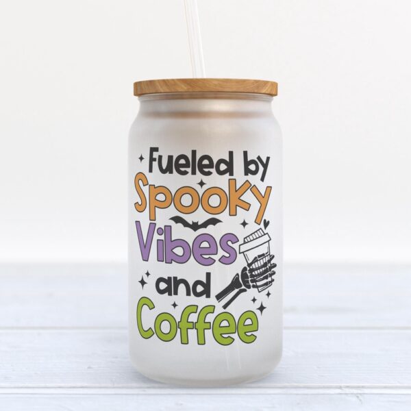 Frosted Glass Can, Valentine Gift, Fueled By Spooky Vibes And Coffee Halloween Frosted Glass Can Tumbler