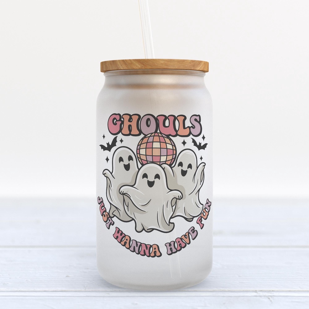 Frosted Glass Can, Valentine Gift, Ghouls Just Wanna Have Fun Halloween Frosted Glass Can Tumbler Frosted Glass Can, Valentine Gift, Ghouls Just Wanna Have Fun Halloween Frosted Glass Can Tumbler