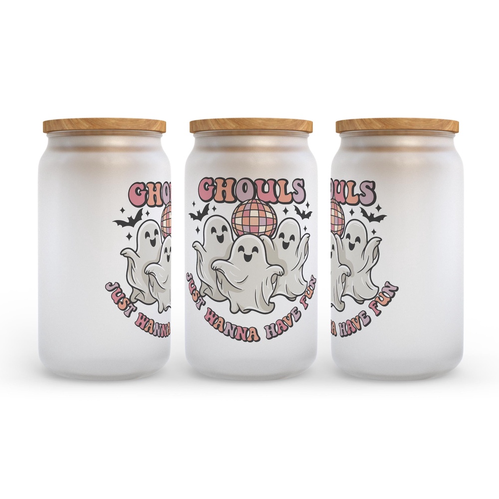 Frosted Glass Can, Valentine Gift, Ghouls Just Wanna Have Fun Halloween Frosted Glass Can Tumbler Frosted Glass Can, Valentine Gift, Ghouls Just Wanna Have Fun Halloween Frosted Glass Can Tumbler