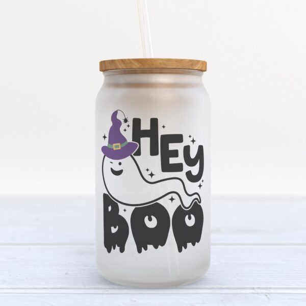 Frosted Glass Can, Valentine Gift, Hey Boo Halloween Frosted Glass Can Tumbler