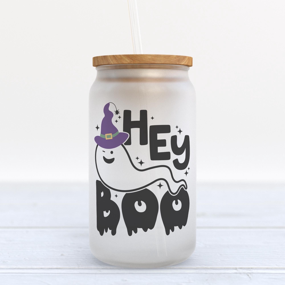 Frosted Glass Can, Valentine Gift, Hey Boo Halloween Frosted Glass Can Tumbler Frosted Glass Can, Valentine Gift, Hey Boo Halloween Frosted Glass Can Tumbler