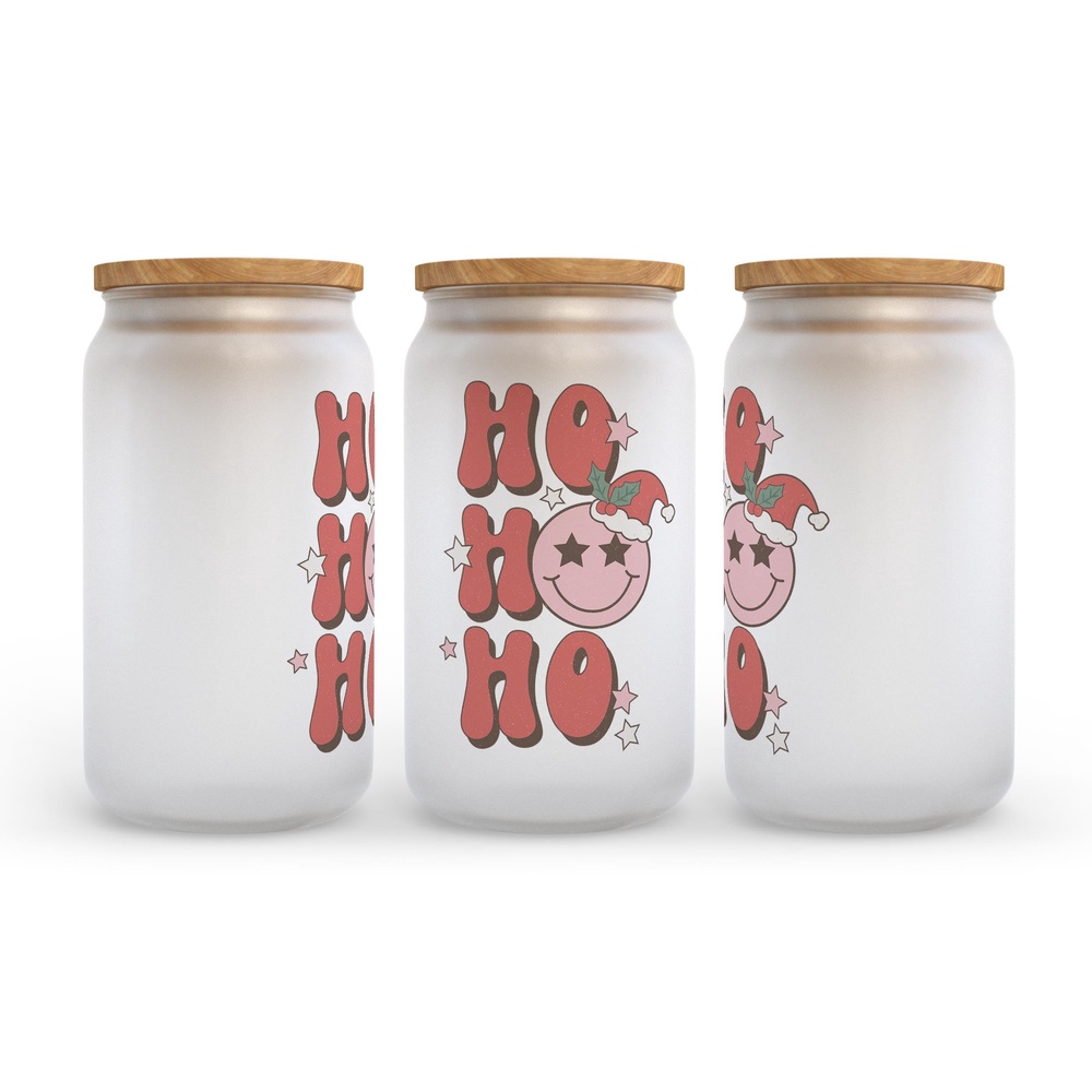 Frosted Glass Can, Valentine Gift, Ho Ho Ho Christmas Frosted Glass Can Tumbler