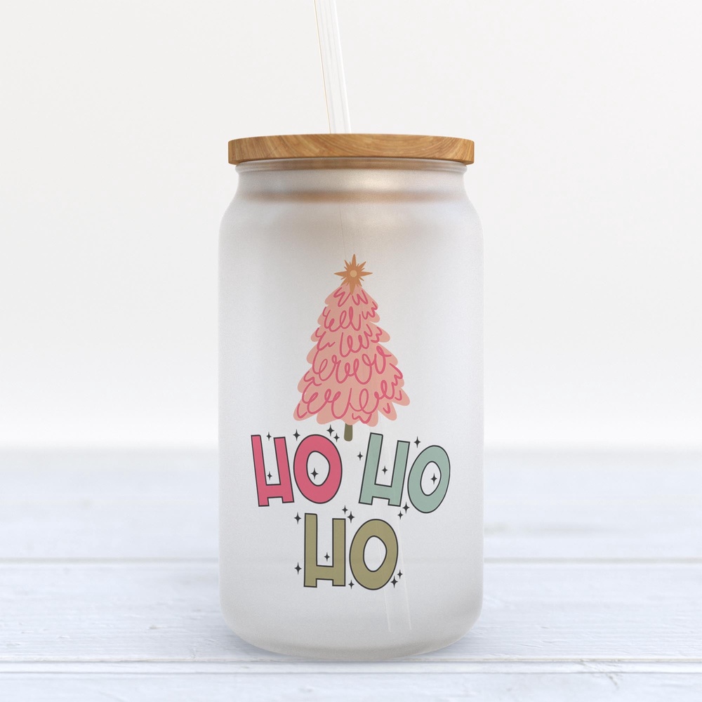 Frosted Glass Can, Valentine Gift, Ho Ho Ho Pink Christmas Tree Frosted Glass Can Tumbler Frosted Glass Can, Valentine Gift, Ho Ho Ho Pink Christmas Tree Frosted Glass Can Tumbler