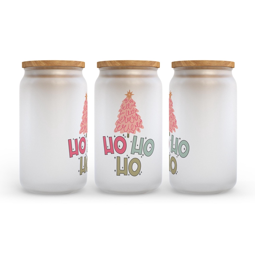 Frosted Glass Can, Valentine Gift, Ho Ho Ho Pink Christmas Tree Frosted Glass Can Tumbler Frosted Glass Can, Valentine Gift, Ho Ho Ho Pink Christmas Tree Frosted Glass Can Tumbler