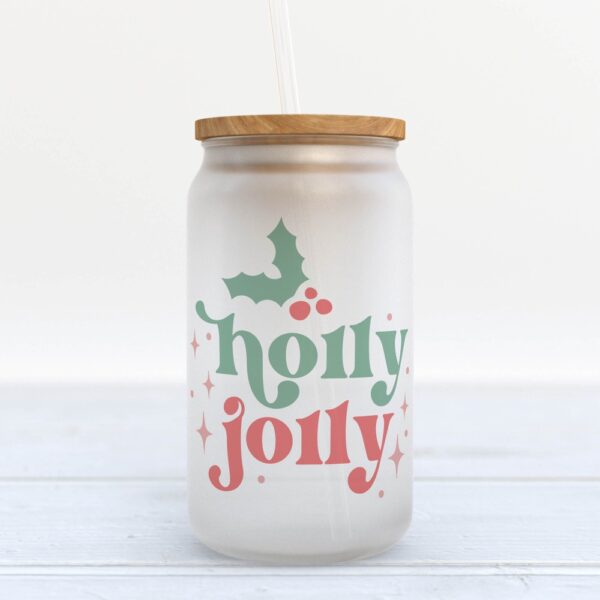 Frosted Glass Can, Valentine Gift, Holly Jolly Christmas Retro Frosted Glass Can Tumbler