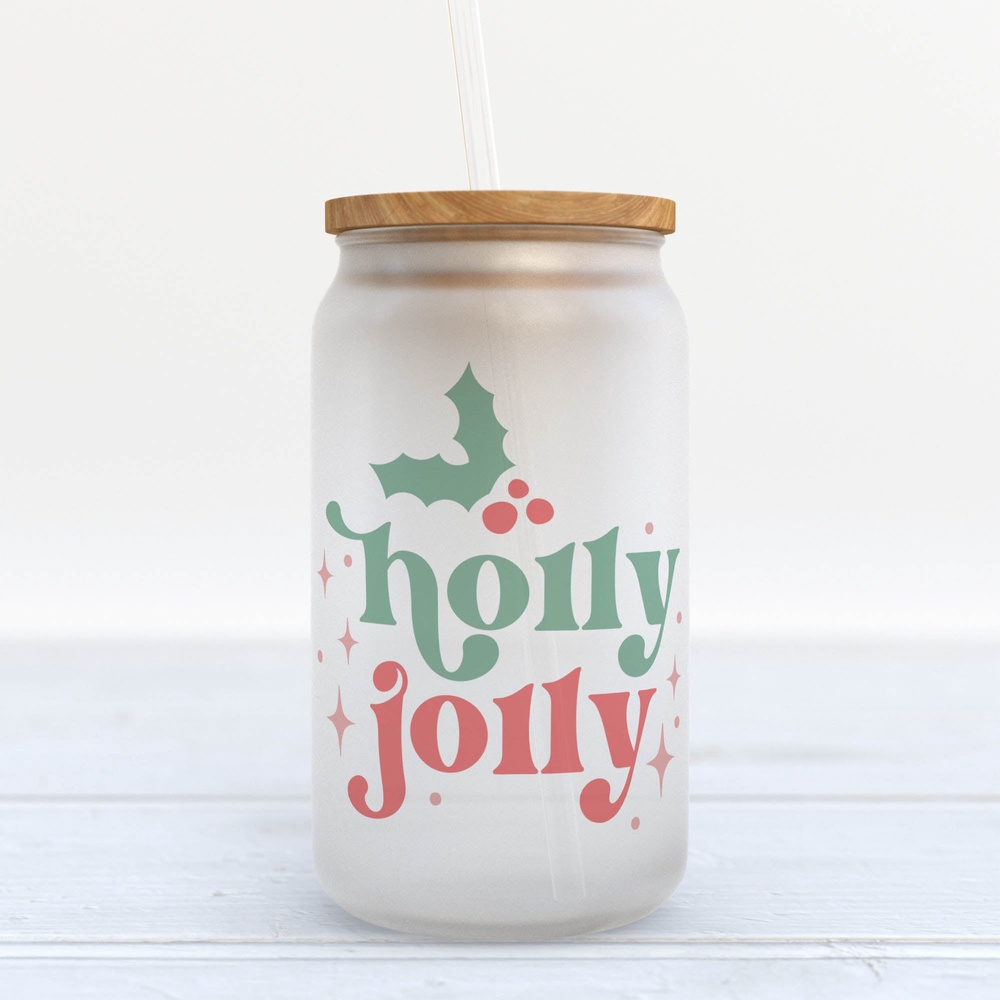 Frosted Glass Can, Valentine Gift, Holly Jolly Christmas Retro Frosted Glass Can Tumbler Frosted Glass Can, Valentine Gift, Holly Jolly Christmas Retro Frosted Glass Can Tumbler