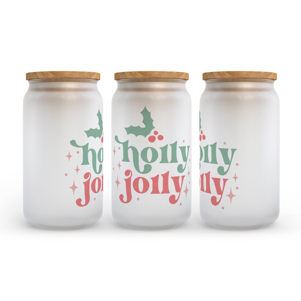 Frosted Glass Can, Valentine Gift, Holly Jolly Christmas Retro Frosted Glass Can Tumbler Frosted Glass Can, Valentine Gift, Holly Jolly Christmas Retro Frosted Glass Can Tumbler