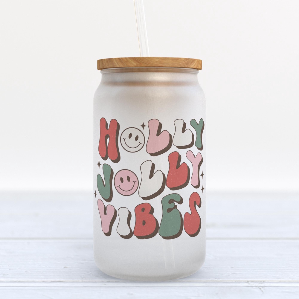 Frosted Glass Can, Valentine Gift, Holly Jolly Vibes Retro Christmas Frosted Glass Can Tumbler Frosted Glass Can, Valentine Gift, Holly Jolly Vibes Retro Christmas Frosted Glass Can Tumbler