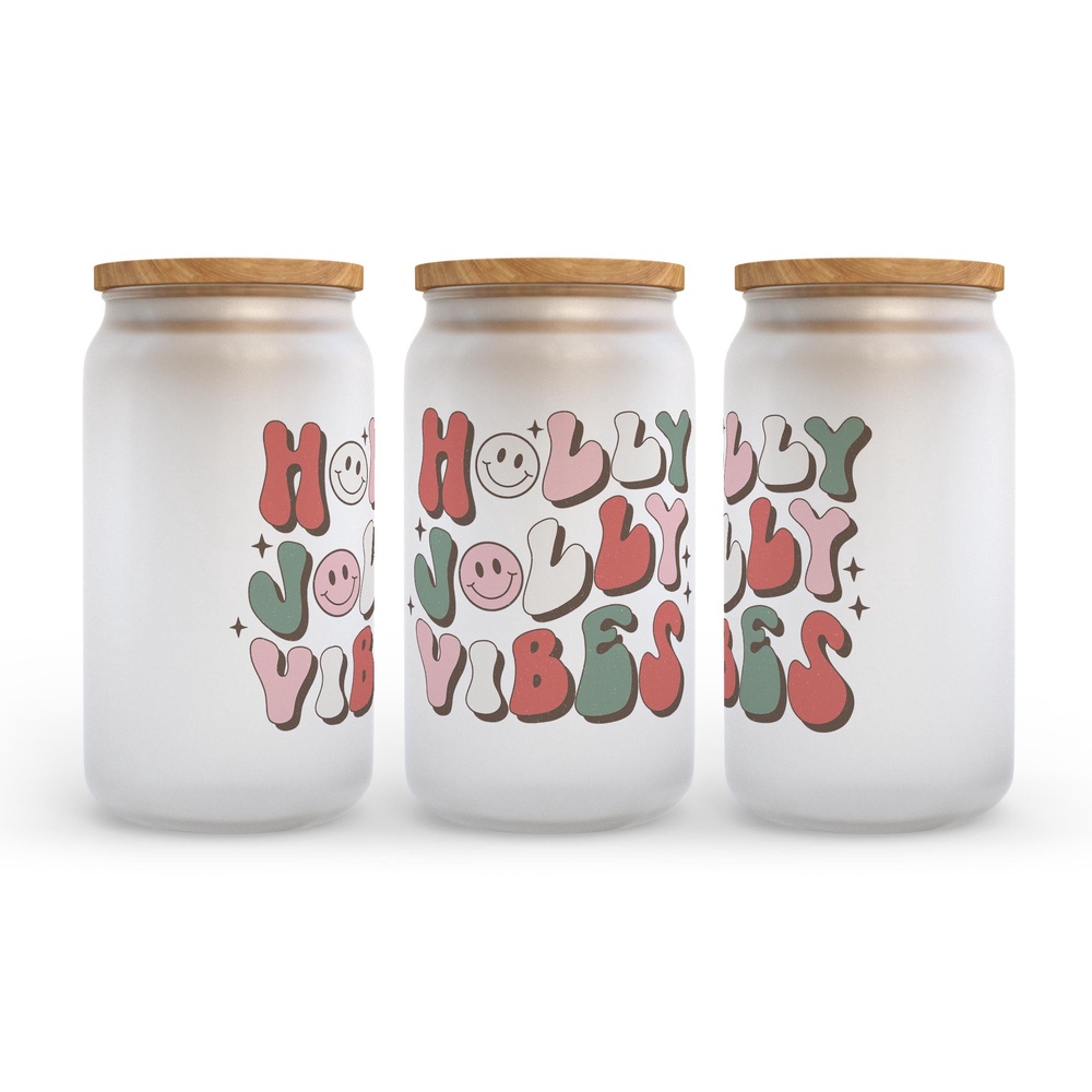 Frosted Glass Can, Valentine Gift, Holly Jolly Vibes Retro Christmas Frosted Glass Can Tumbler Frosted Glass Can, Valentine Gift, Holly Jolly Vibes Retro Christmas Frosted Glass Can Tumbler