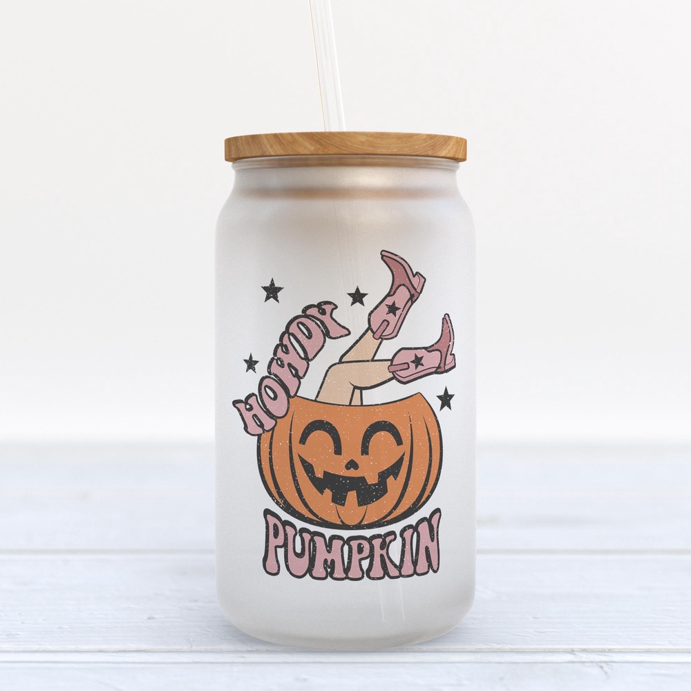 Frosted Glass Can, Valentine Gift, Howdy Pumpkin Halloween Frosted Glass Can Tumbler Frosted Glass Can, Valentine Gift, Howdy Pumpkin Halloween Frosted Glass Can Tumbler