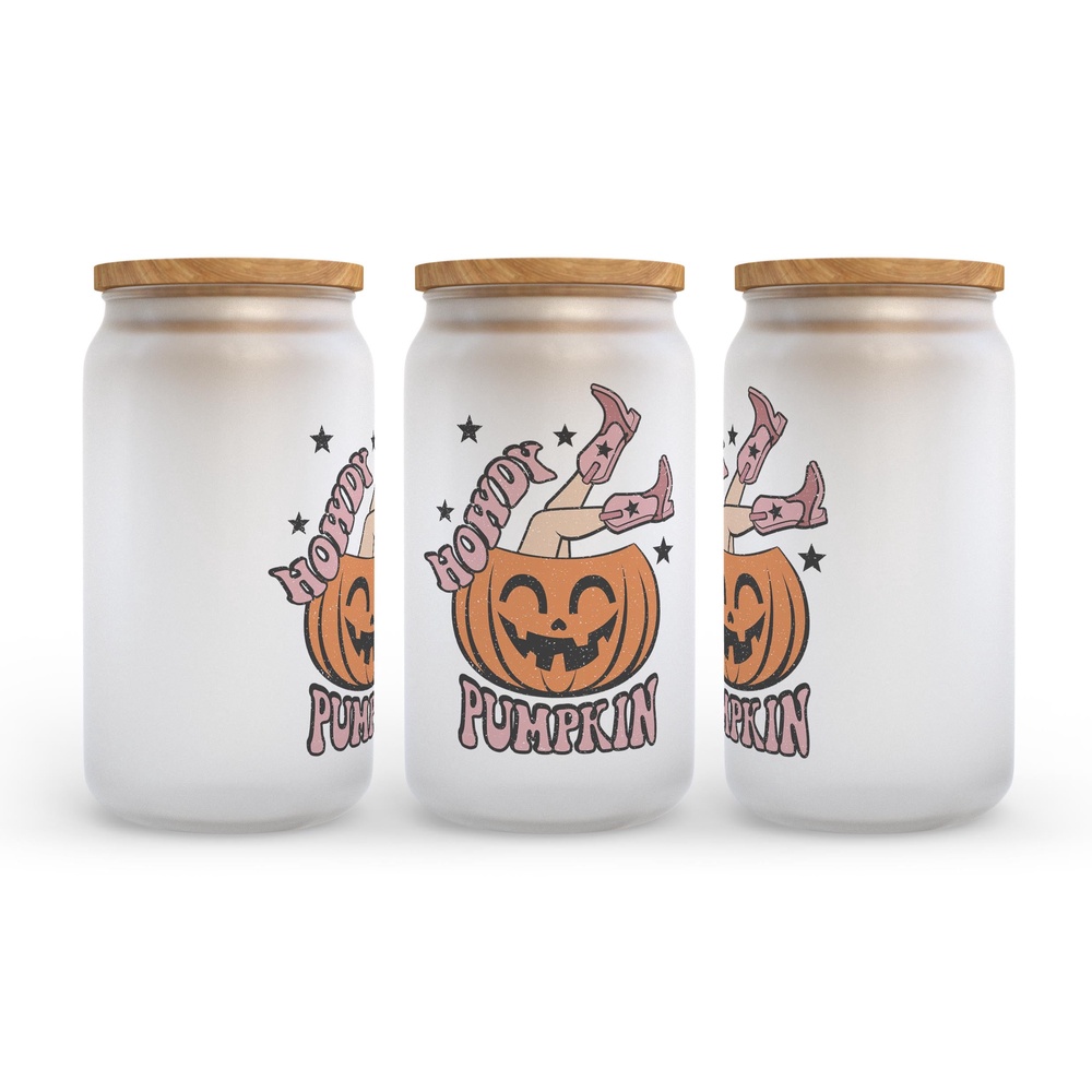 Frosted Glass Can, Valentine Gift, Howdy Pumpkin Halloween Frosted Glass Can Tumbler Frosted Glass Can, Valentine Gift, Howdy Pumpkin Halloween Frosted Glass Can Tumbler