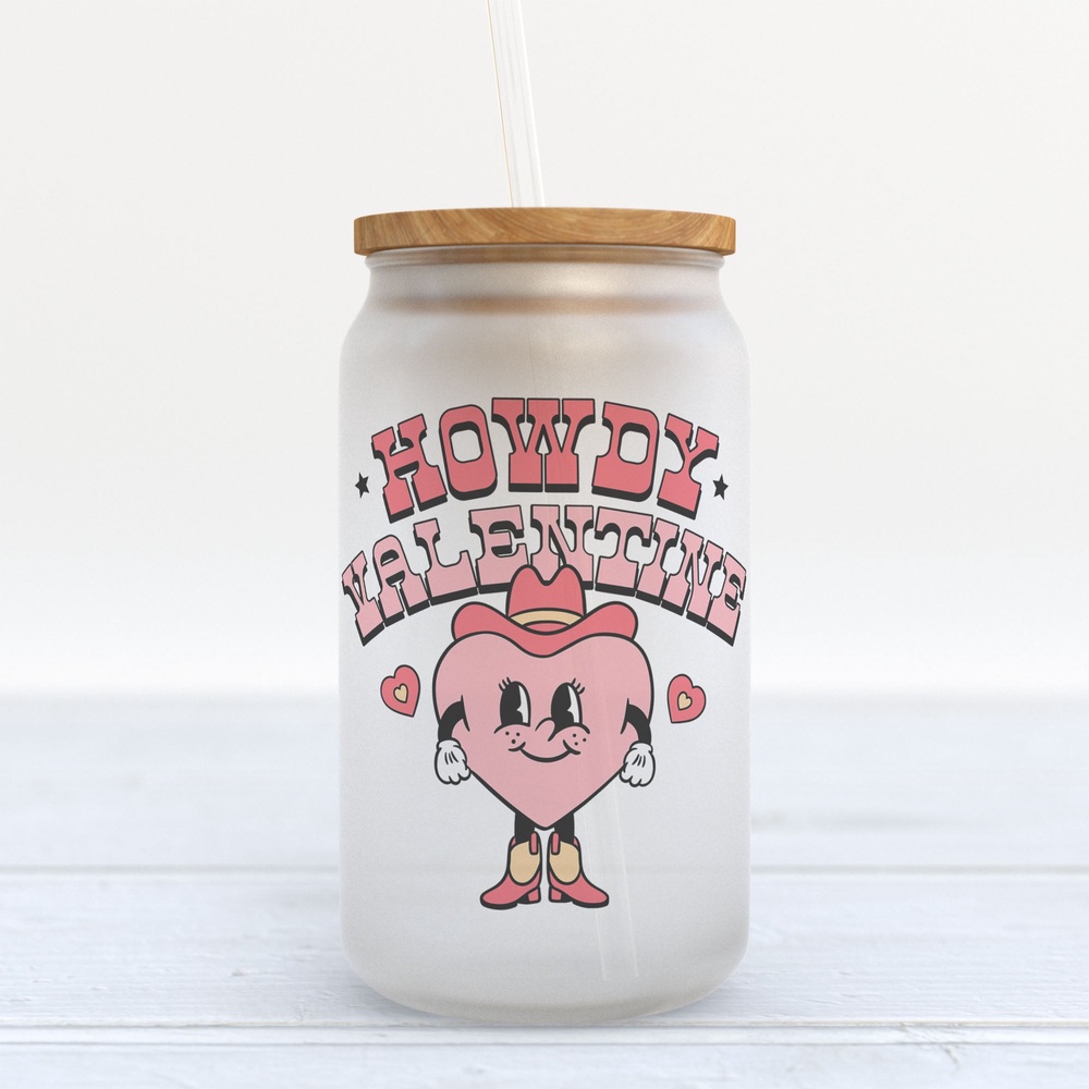 Frosted Glass Can, Valentine Gift, Howdy Valentine Frosted Glass Can Tumbler