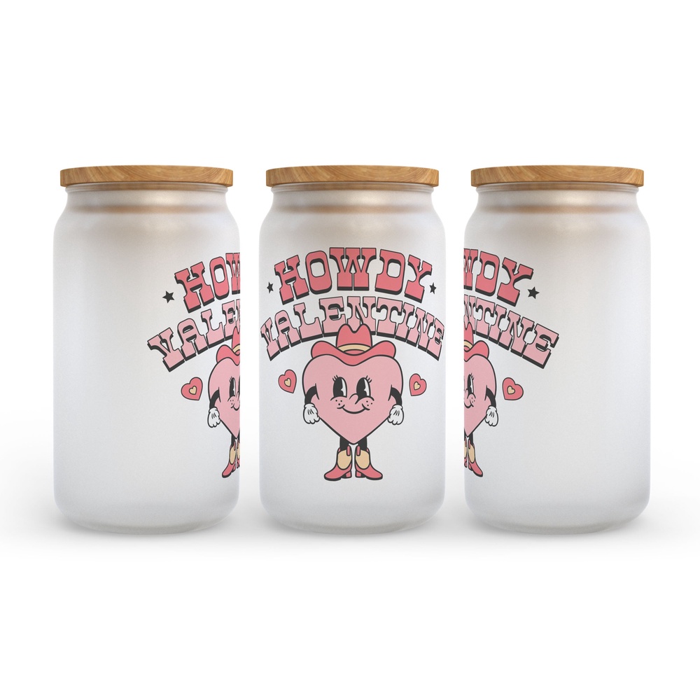 Frosted Glass Can, Valentine Gift, Howdy Valentine Frosted Glass Can Tumbler