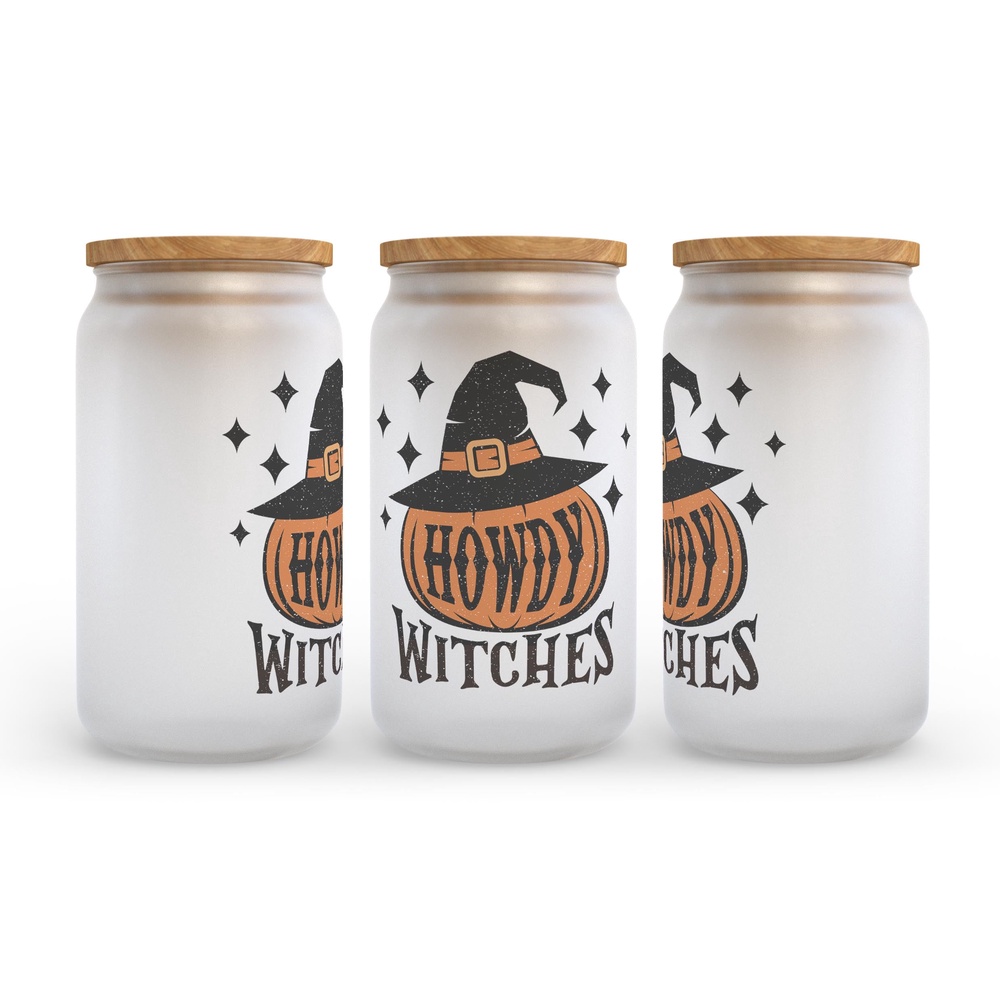 Frosted Glass Can, Valentine Gift, Howdy Witches Halloween Frosted Glass Can Tumbler