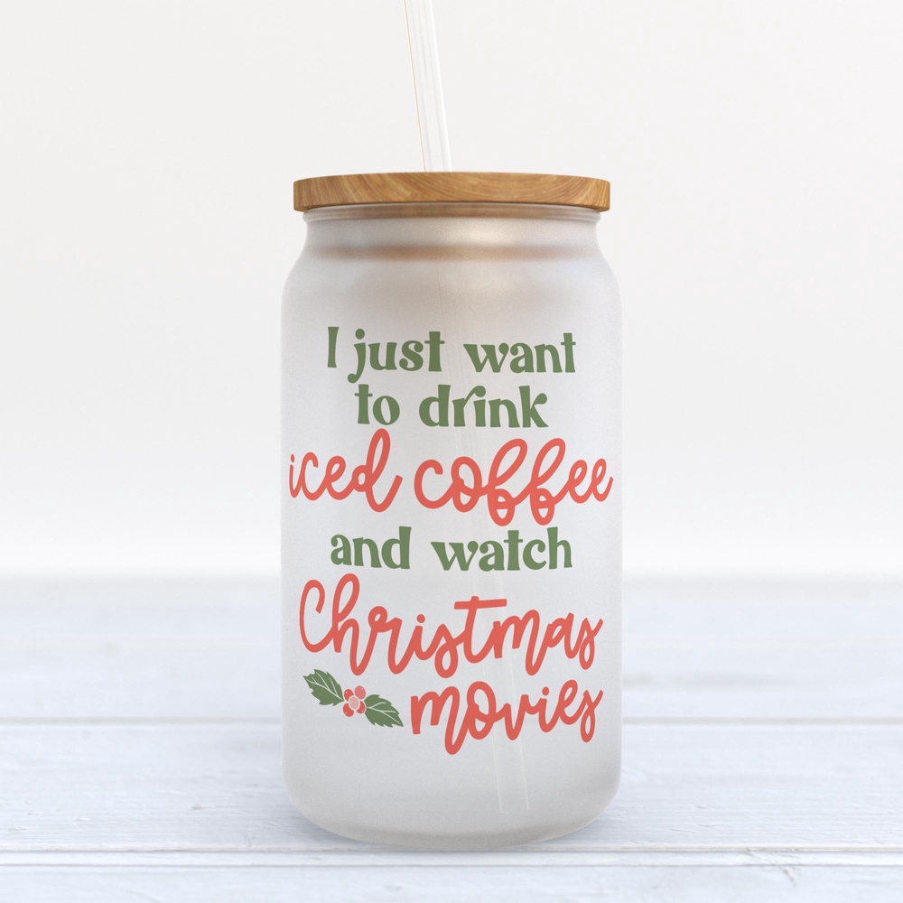Frosted Glass Can, Valentine Gift, Iced Coffee and Christmas Movies Frosted Glass Can Tumbler